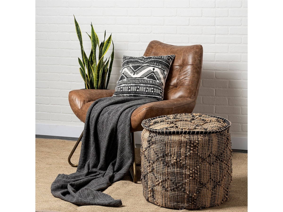 Tan Jute Cylindrical Pouf With Popcorn Stich