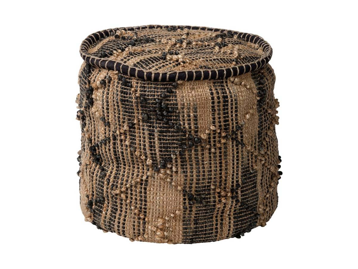 Tan Jute Cylindrical Pouf With Popcorn Stich