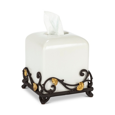 GG White Stoneware Tissue Holder With Metal Gold Leaf Base., , large