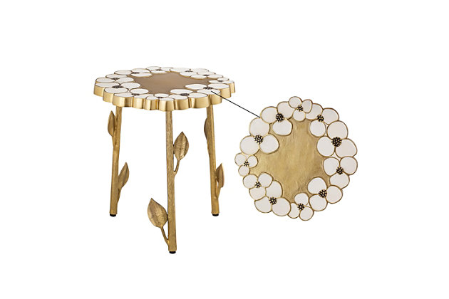 Floral inspiration and masterful handcraftsmanship combine beautifully to create the Flor side table. Its intricately detailed top and petaled leg complement each other beautifully to create this eye-catching side table.Handpainted tabletop | Intricately detailed legs | Brass finish | Minor assembly required