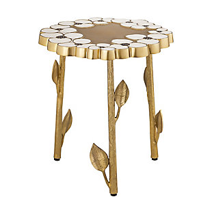 Floral inspiration and masterful handcraftsmanship combine beautifully to create the Flor side table. Its intricately detailed top and petaled leg complement each other beautifully to create this eye-catching side table.Handpainted tabletop | Intricately detailed legs | Brass finish | Minor assembly required