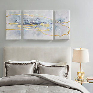Madison Park Blue/Gold 3 Piece Canvas Set Hand Embellished Textured Glitter and Gold Foil, , rollover