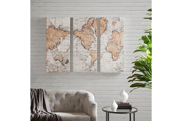 The Madison Park Map of the World Printed Canvas with Hand-Brushed Embellishment 3-Piece Set offers a dignified accent to your decor. This wall art set displays a map of the world printed on canvas in natural hues for distinguished allure. Hand-brushed embellishments add texture, giving each canvas more dimension, while a cardboard backing provides additional structure for support. Mount this printed canvas set in your bedroom, home office or living room for a globally-inspired and luxurious touch.3-piece set | Frame made of engineered wood | Canvas printed in natural hues | Hand-brushed embellishments  | Cardboard backing for structure | 2 D-rings on reverse of each piece for easy hanging | Canvas dimensions: 15"W x 35" L x 1.5" D each | Spot clean only
