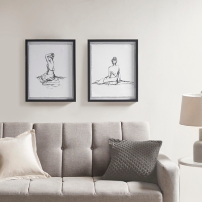 Feminine Figures Sketch 2-piece Framed Glass and Matted Wall Art Set, Black/White