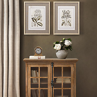 Complete your living space with the Martha Stewart Tinted Botanical Single Linen Matte 2-Piece Set. A tinted floral graphic adorns the framed linen canvas to create a vintage-inspired county look. Each piece features a sawtooth fixture on the back making this botanic wall art easy to hang. Perfect for decorating your living room, bedroom or dining space, this framed wall decor brings a fresh accent and cottage charm to your home.2-piece set  | Tinted botanic graphics on linen canvas | Engineered wood frame  | Cottage/country home decorating idea | Sawtooth fixture to hang on a wall | Dimensions each piece: 17.18" x 21.18" x 1.3" | Spot clean