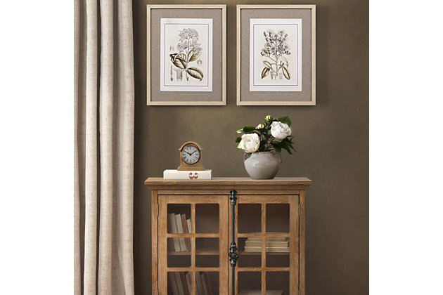 Complete your living space with the Martha Stewart Tinted Botanical Single Linen Matte 2-Piece Set. A tinted floral graphic adorns the framed linen canvas to create a vintage-inspired county look. Each piece features a sawtooth fixture on the back making this botanic wall art easy to hang. Perfect for decorating your living room, bedroom or dining space, this framed wall decor brings a fresh accent and cottage charm to your home.2-piece set  | Tinted botanic graphics on linen canvas | Engineered wood frame  | Cottage/country home decorating idea | Sawtooth fixture to hang on a wall | Dimensions each piece: 17.18" x 21.18" x 1.3" | Spot clean