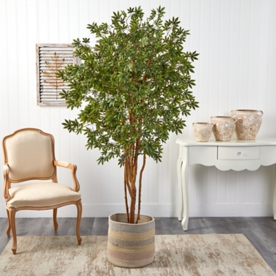 6’ Japanese Maple Artificial Tree in Handmade Natural Cotton Multicolored Woven Planter, , rollover