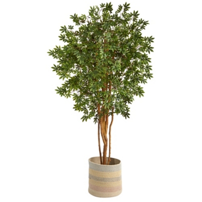 6’ Japanese Maple Artificial Tree in Handmade Natural Cotton Multicolored Woven Planter, , large