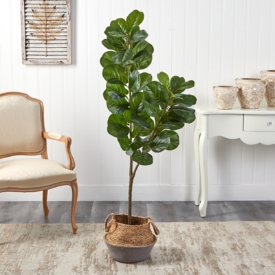 4.5 Fiddle Leaf Fig Artificial Tree with Boho Chic Handmade Cotton and Jute White Woven Planter , Green