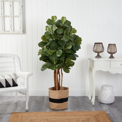 5' Fiddle Leaf Fig Artificial Tree in Handmade Natural Cotton Planter , Green