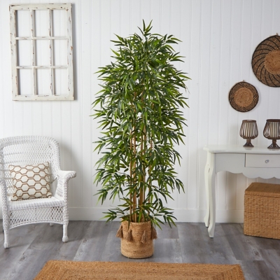 Bamboo Adjustable Plant Stand + Jute & White Pot Basket