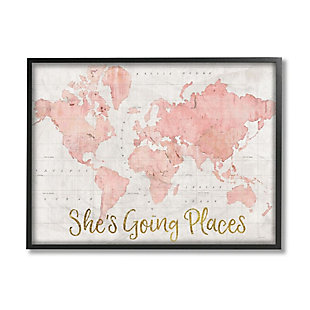 Stupell Industries She's Going Places Quote Pink Watercolor World Map, 24 X 30, Framed Wall Art, Beige, large
