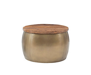 This hammered metal storage drum is a unique piece that will add a touch of elegance to your home. The lustrous gold color and rich solid wood lid infuse rich texture, functional storage and worldly elegance into your home. Handcrafted in India, this is a wonderful accent piece that can be used both as a small table and for extra storage. The lid lifts off to reveal hidden storage, perfect for extra blankets, pillows or rogue remote controls.Hammered iron drum with gold finish | Lift off solid distressed mango wood top | Spacious internal storage | Handcrafted in India | No assembly required | Tabletop diameter of 27.5 inches | Roomy storage for just about anything