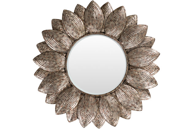 Picked from the garden of style, this fabulous accent mirror is one stunning piece of decor. Elegant raised flower framing in smooth champagne color adorns your space with tantalizing charm.Mirrored, beveled glass with metal frame | D-ring hanger | Clean with a soft, dry cloth