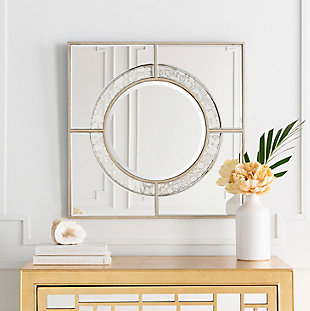 Your house just isn’t a home without the showstopping appeal of this coveted accent mirror. Clean lines speak to your taste for contemporary style. It makes a statement without going overboard. Round mirror accents have an antiqued glass finish, an unexpected element taking this design to the next level of “obsessed.”Mirrored, beveled glass with engineered wood frame | D-ring hanger | Clean with a soft, dry cloth