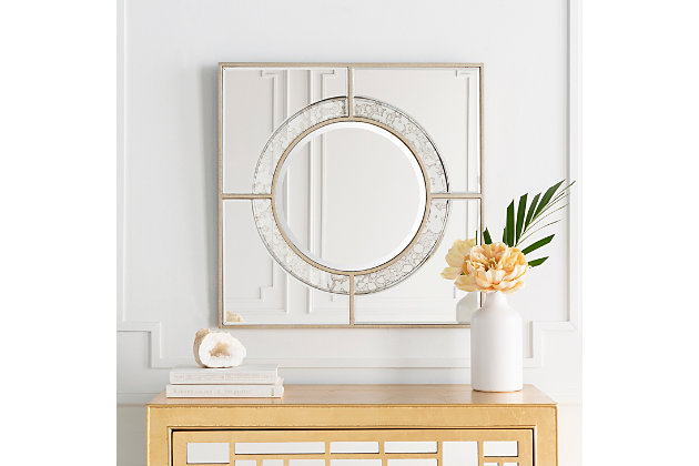 Your house just isn’t a home without the showstopping appeal of this coveted accent mirror. Clean lines speak to your taste for contemporary style. It makes a statement without going overboard. Round mirror accents have an antiqued glass finish, an unexpected element taking this design to the next level of “obsessed.”Mirrored, beveled glass with engineered wood frame | D-ring hanger | Clean with a soft, dry cloth