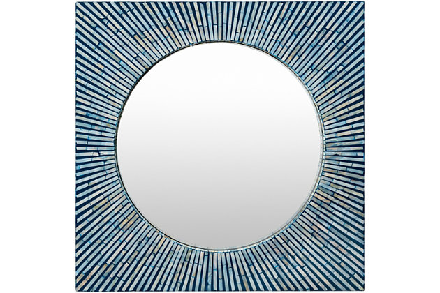 Give the room a cool touch with a sunburst of aqua rays. The home accents blue mother of pearl square mirror radiates with brilliant lines of blue and ivory. Its modern style incorporates a round centered mirror within a square frame of rays for a dynamic effect—what a welcoming sight.D-ring hanger | For indoor/outdoor use | Uv resistant; water resistant | Made of engineered wood | Light blue and white finish | Spot clean only