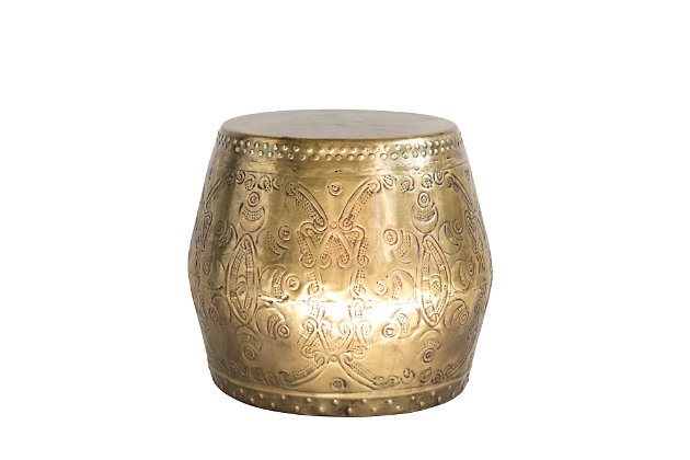 The beautiful designs on this drum table make it a piece to be displayed with pride.  Use as a side table next to a chair or an end table next to the bed.  It will make an amazing pedestal for displaying a potted plant or accent table in the foyer with a lamp on top.Beautiful drum table can be used next to a chair or as an end table next to a bed | Use as a pedestal for a decorative potted plant | Place in a hallway or foyer with a lamp on top | 20"l x 20"w x 18"h