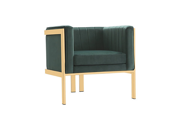 Lounge in 1920s luxury. This sophisticated accent chair is a modern, assertive take on the classic Art Deco style. An open architectural frame in polished brass wraps around the plush velvet seat, creating an inviting combination of simplicity and luxury. The seat’s backrest is accented with vertical stitching to complement it's geometric frame. The symmetrical, streamlined look will add an evocative touch of distinguished ‘20s glamour to any space.Modern single seat armchair perfect for living room use. | Measures: 31.5 in. Length, 28.35 in. Height, 27.56 in. Depth. | Stainless steel metal frame with polished brass finish. | Upholstered in soft luxurious velvets. | High density foam filled padded backrest with seat cushion. | Geometric 3 base leg frame base design. | Weight capacity: 300 lbs. Seat height: 20.08" | Delivered to you fully assembled! No assembly required!