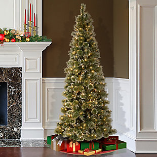 National Tree Company 7.5 ft. Glittery Bristle Pine Slim Tree with Warm White LED Lights, , rollover