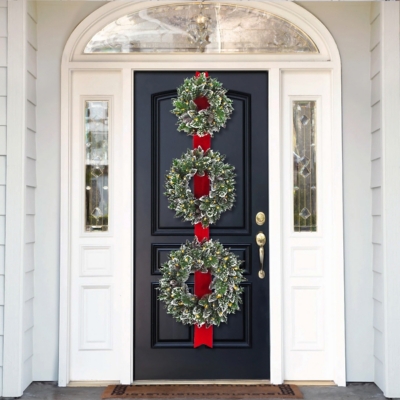National Tree Company Glittery Bristle Triple Wreath Door Hang with Warm White LED Lights, Green