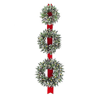 National Tree Company Glittery Bristle Triple Wreath Door Hang with Warm White LED Lights, , large