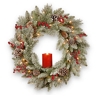 National Tree Company 24" Battery Operated Snowy Bristle Berry Wreath with Single Candle, , large