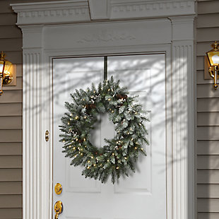 National Tree Company 30" Snowy Morgan Spruce Wreath with Battery Operated LED Lights, , rollover
