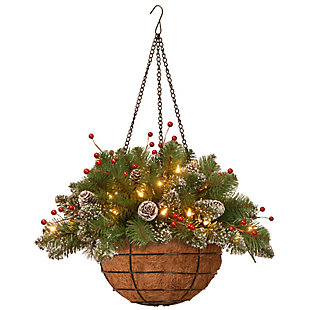 National Tree Company 20" Glittery Mountain Spruce Hanging Basket with LED Lights, , large