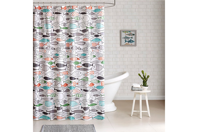 Add a spark of fun to your space with the HipStyle Sardinia shower curtain. Printed on thick cotton fabric, this multi-color fish print adds a modern, coastal feel to your bathroom. Made of 100% cotton | Hooks, rod and water-repellant liner not included | Machine washable | Imported
