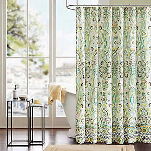 Add a modern touch to your bathroom with the Intelligent Design Tasia shower curtain. This unique ogee design features a decorative border on the bottom for a finished look. Printed on microfiber, this shower curtain is machine washable for easy care.Made of polyester microfiber | 12 buttonholes | Hooks, rod and water-repellant liner not included | Machine washable | Imported