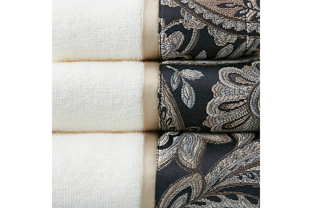 Add sophisticated style to your bathroom with the Madison Park Aubrey 6-piece towel set. It features a pieced design with a woven paisley jacquard hem for an elegant and decorative touch. Made from 100% cotton, this towel set is incredibly soft, absorbent and machine washable for easy care.Includes 2 bath towels, 2 hand towels and 2 fingertip towels | Made of 100% cotton | Pieced paisley jacquard end hem | Oeko-Tex Certified, includes no harmful substances or chemicals | Machine washable | Imported