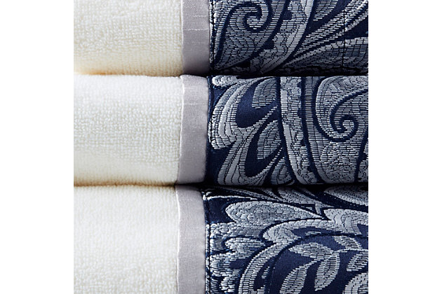 Add sophisticated style to your bathroom with the Madison Park Aubrey 6-piece towel set. It features a pieced design with a woven paisley jacquard hem for an elegant and decorative touch. Made from 100% cotton, this towel set is incredibly soft, absorbent and machine washable for easy care.Includes 2 bath towels, 2 hand towels and 2 fingertip towels | Made of 100% cotton | Pieced paisley jacquard end hem | Oeko-Tex Certified, includes no harmful substances or chemicals | Machine washable | Imported