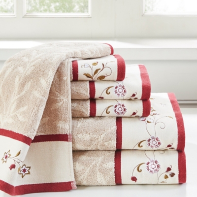 Madison Park Red Embroidered Cotton Jacquard 6 Piece Towel Set, Red, rollover
