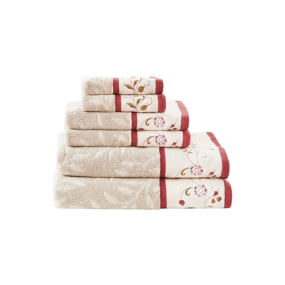 Madison Park Red Embroidered Cotton Jacquard 6 Piece Towel Set, Red, large