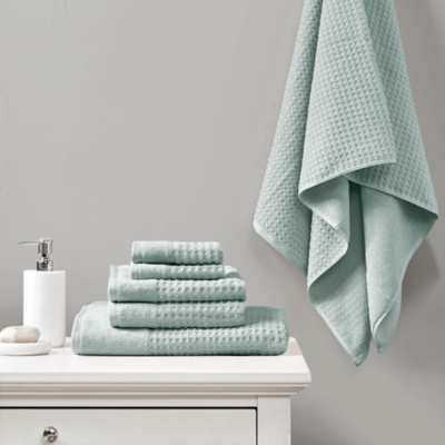 Madison Park Aqua 6 Piece Waffle Cotton Jacquard Antimicrobial Towels Set, Aqua, rollover