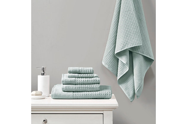 The Madison Park Spa 6-piece set provides the perfect textured update to your bathroom decor. This 100% cotton towel set features an all-over waffle combed jacquard design for a rich texture, while the velour dobby cuff adds a stylish contrast touch for an updated look and feel.Includes 2 bath towels, 2 hand towels and 2 washcloths | Made of 100% cotton | Waffle jacquard construction | Stylish velour dobby cuff for soft feel and added flair | Oeko-Tex Certified, includes no harmful substances or chemicals | Dupont Silvadur anti-microbial treatment provides odor control, prevents bacteria buildup, enhances hygiene and extends product life by keeping linen fresher, longer | Machine washable | Imported