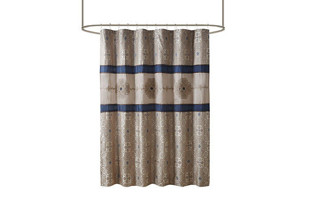 The Donovan shower curtain provides an elegant update to your bathroom. it features a bold, color blocked look with embroidery details. The jacquard weave shows off a medallion design, bringing a whole new look to your decor.Made of polyester | 12 buttonholes | Hooks, rod and water-repellant liner not included | Machine washable | Imported