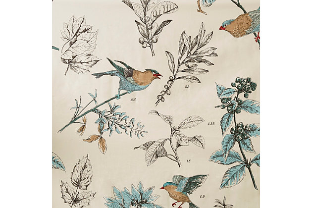 Subtle and charming, the Madison Park Quincy shower curtain provides the perfect update to your space. The soft and neutral color palette features a floral pattern with lifelike birds printed on a khaki ground. Made from cotton twill, this shower curtain adds a classic touch to your bathroom.Made of cotton | 170 thread count | Hooks, rod and water-repellant liner not included | Machine washable | Imported