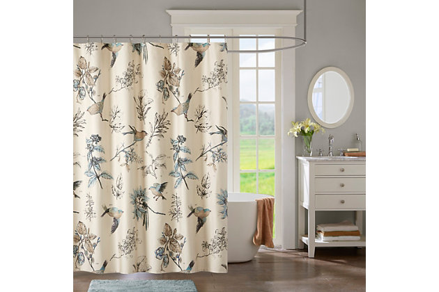 Subtle and charming, the Madison Park Quincy shower curtain provides the perfect update to your space. The soft and neutral color palette features a floral pattern with lifelike birds printed on a khaki ground. Made from cotton twill, this shower curtain adds a classic touch to your bathroom.Made of cotton | 170 thread count | Hooks, rod and water-repellant liner not included | Machine washable | Imported