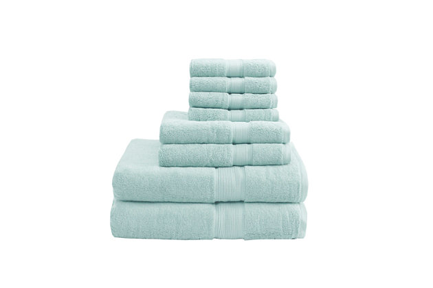 Provide a fresh update to your bathroom with the luxurious Madison Park Signature 8-piece bath towel set. This spa-like quality towel set is made of premium long staple cotton that is highly absorbent and creates a luxuriously soft feel, while the double ply loop construction increases thickness, absorbency and ensures less lint. Each towel is finished with double-stitched side hems for long lasting durability.Includes 2 oversized bath towels, 2 hand towels and 2 washcloth | Made of 100% cotton | Double stitched side hems  | Oeko-Tex Certified, includes no harmful substances or chemicals | Dupont Silvadur anti-microbial treatment provides control, prevents bacteria buildup, enhances hygiene and extends product life by keeping linen fresher, longer | Machine washable | Imported