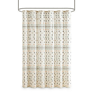 The Urban Habitat Auden shower curtain provides a chic, contemporary update to your bathroom space. This cotton jacquard shower curtain features multi-color clipped stripes on a light ivory ground for a textural, modern look.Made of 100% cotton | Clipped jacquard in multiple colors on white fabric | 12 buttonholes | Hooks, rod and water-repellant liner not included | Machine washable | Imported