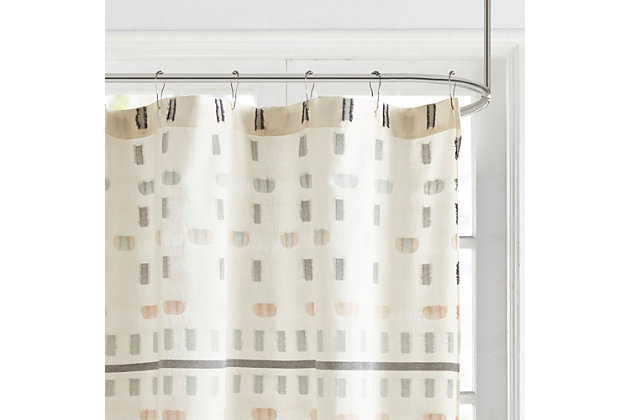 The Urban Habitat Auden shower curtain provides a chic, contemporary update to your bathroom space. This cotton jacquard shower curtain features multi-color clipped stripes on a light ivory ground for a textural, modern look.Made of 100% cotton | Clipped jacquard in multiple colors on white fabric | 12 buttonholes | Hooks, rod and water-repellant liner not included | Machine washable | Imported