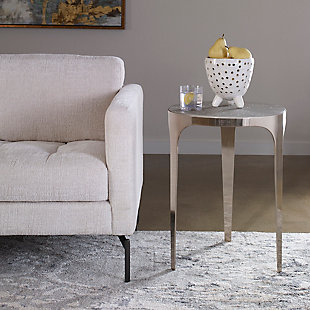 Minimalist and refined, this modern side table is that “finishing touch” you’ve been looking for. Distinctive elements include a circular top made from light gray concrete with white fleck details, creating a terrazzo look supported by a sleek metal base with brushed nickel-tone finish. This elegant side table will add an element of glamour and functionality to your living space.Made of marble, metal, stone and concrete | Top with light gray and white finish | Metal base with brushed nickel-tone finish | No assembly required