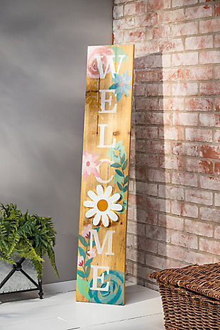 Show your enthusiasm for the changing seasons with this multicolor floral LED lighted sign. The heartwarming sign, with its homey charm and windmill accent, will cheer up any space. The sign has an easel back for free standing, as well as a rope for hanging. Each year, you won't be able to wait to break out this sign to welcome family, friends and neighbors.Made of wood, metal and plastic | Daisy and windmill are backlit with LED lights; three settings (timer, on and off) | Requires 2 C batteries (not included)