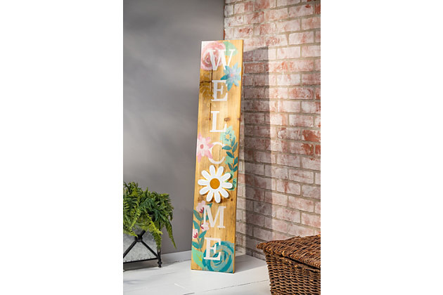 Show your enthusiasm for the changing seasons with this multicolor floral LED lighted sign. The heartwarming sign, with its homey charm and windmill accent, will cheer up any space. The sign has an easel back for free standing, as well as a rope for hanging. Each year, you won't be able to wait to break out this sign to welcome family, friends and neighbors.Made of wood, metal and plastic | Daisy and windmill are backlit with LED lights; three settings (timer, on and off) | Requires 2 C batteries (not included)