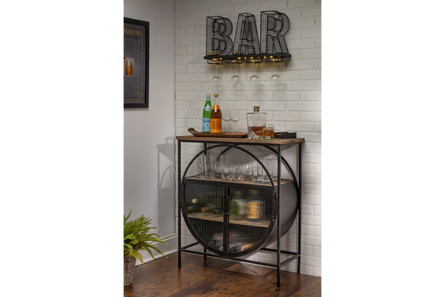 This bar table with glass doors serves up industrial style and tops it off with a splash of rustic. The table has a black metal frame and 3 wooden shelves for storing and displaying a wide range of items. Strikingly unique, this piece is a fun and functional addition to any gathering space.35.5-inch tall wood and metal console table bar with glass doors | Perfect for your bar or mancave | Requires some light assembly | Spot or wipe clean | Table dimensions are 31.25-in l x 14-in w x 35.50-in h | Firwood+mdf 45% iron 35% glass 20%