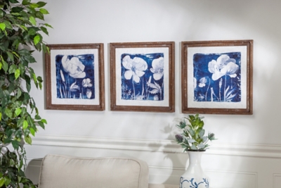 The Gerson Company Set Of Three 16in D Blue Floral Prints In Wood Frames, , rollover
