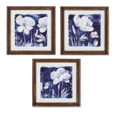 The Gerson Company Set Of Three 16in D Blue Floral Prints In Wood Frames, , large