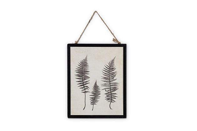 Reflecting the beauty of nature, this botanical-themed wall art is the perfect touch for your decor. In a black metal frame, each picture shows a lovely set of dainty ferns on a cream background, with the rustic look of a rope attached to the frame for easy hanging. They can be arranged together or displayed separately. This set is ideal for your own home or as a wonderful housewarming gift.Set of 6 | Made of engineered wood and iron | For indoor use